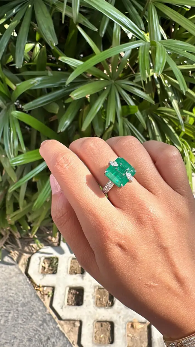 Natural Zambian Emerald Diamond Ring - 18k White Gold Handmade Ring - Gold Diamond Women Ring Gift Main Image