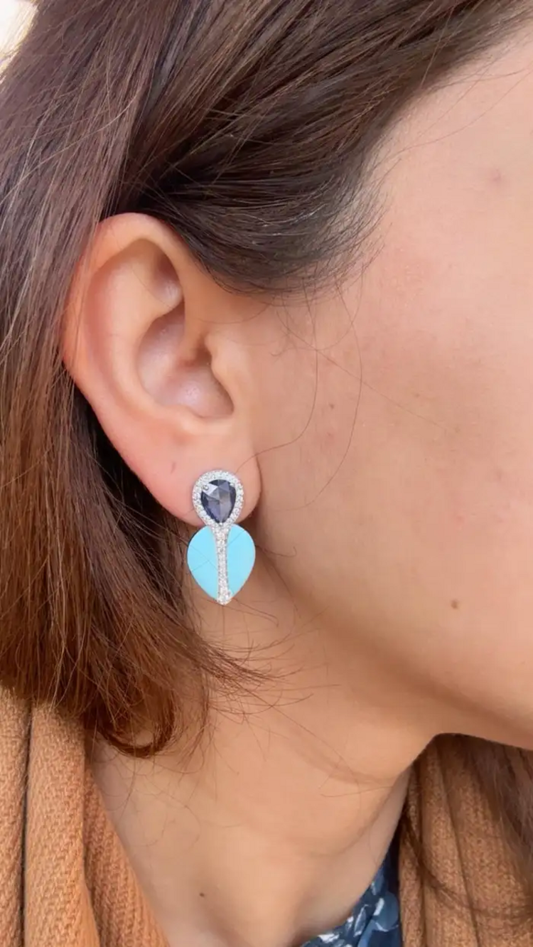 Natural Blue Sapphire & Turquoise Enamel Stud Earrings - 18k White Gold Diamond Earrings