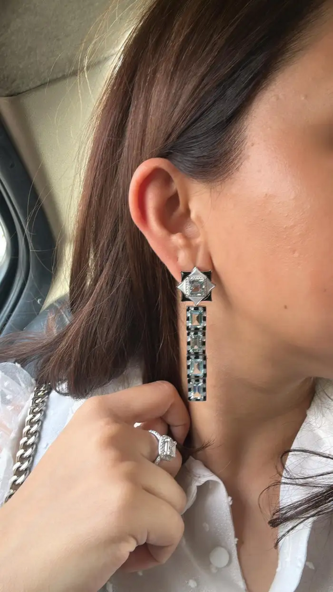 Natural Aquamarine & Black Onyx Dangle Earrings - 18k White Gold Diamond Wedding Earrings Main Image