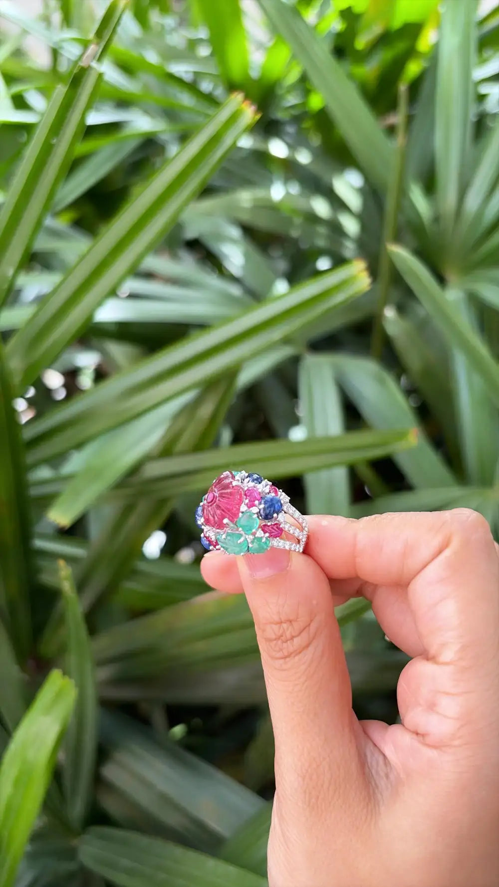 Natural Rubelite, Blue Sapphire, Ruby & Emerald Gemstone Cocktail Ring - 18k White Gold Diamond Ring