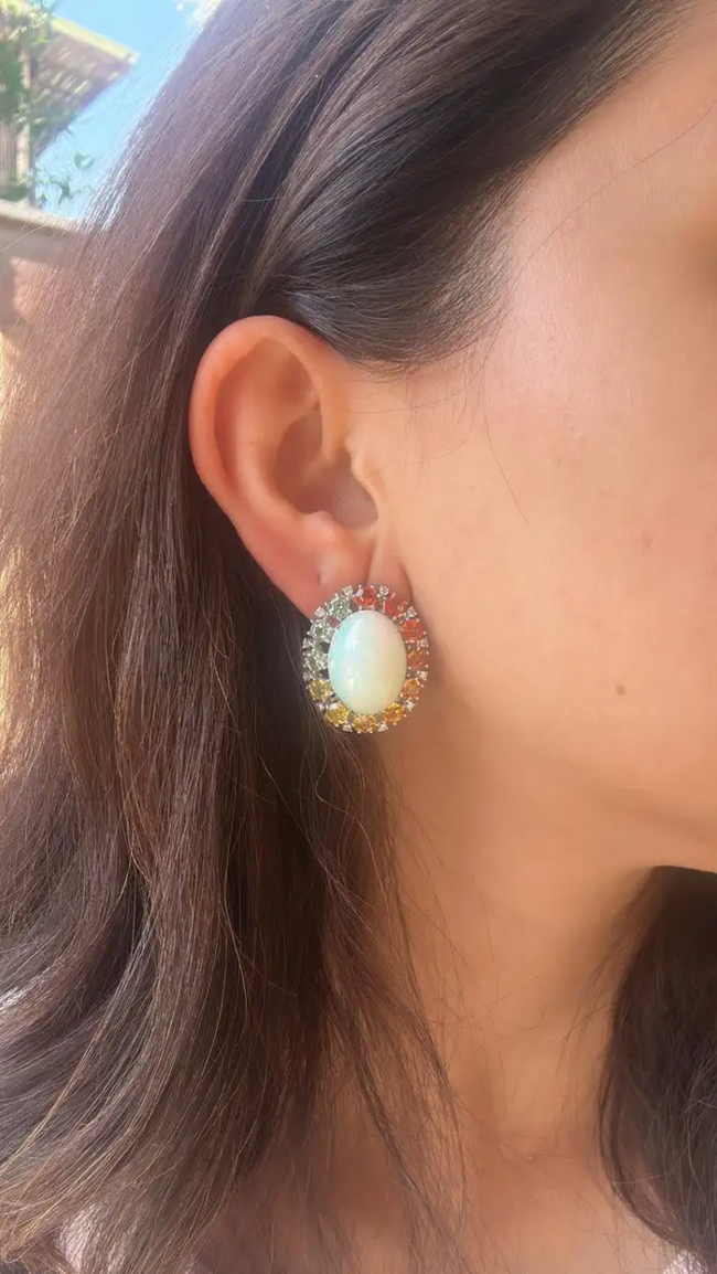 Natural Ethiopian Opal & Multi Sapphire Stud Earrings - 18k White Gold Diamond Earrings Main Image
