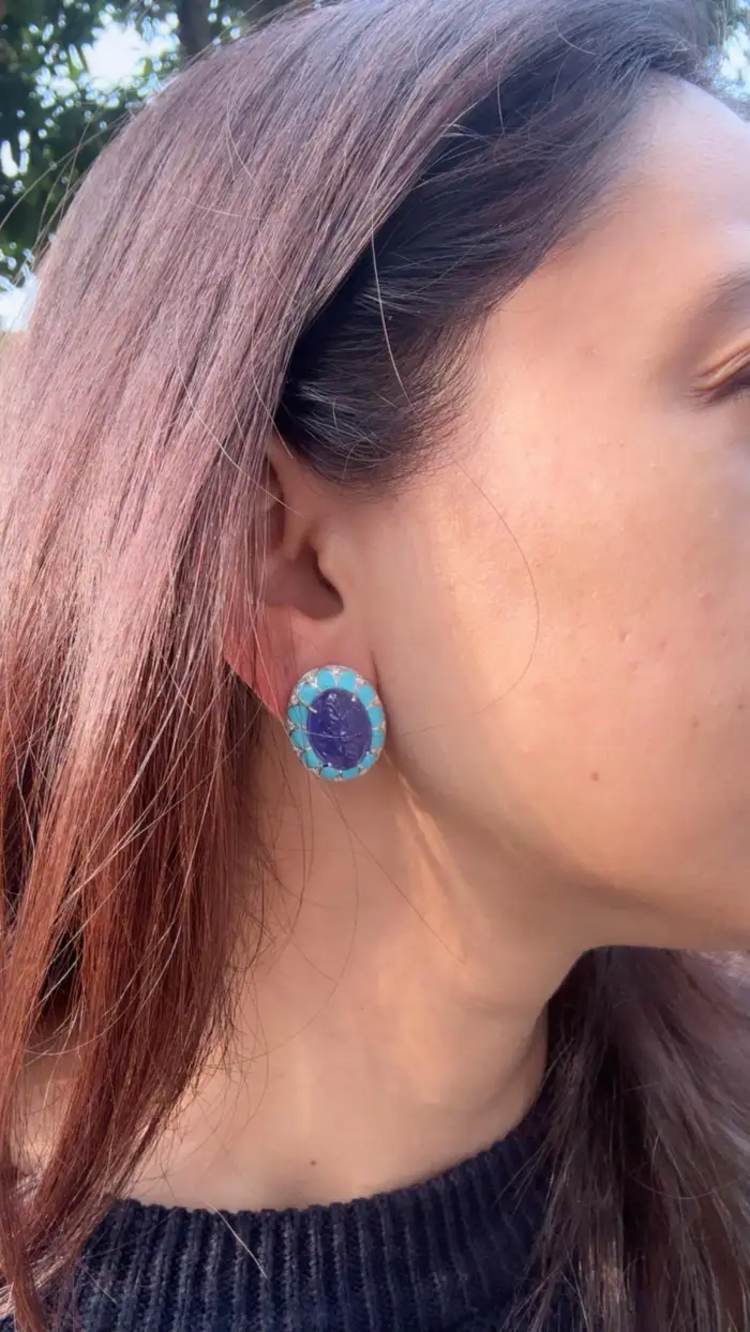 Hand Carved Tanzanite & Turquoise Enamel Stud Earrings - 18k White Gold Diamond Earrings