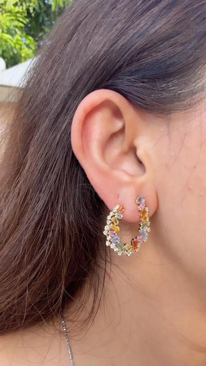 Natural Multi Sapphire & Diamond Hoop Earrings - 18k Yellow Gold Handmade Earrings