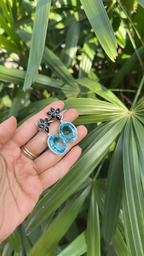 52.67 Ct. Blue Topaz & Black Onyx Gemstone Dangle Earrings - 18k White Gold Diamond Earrings