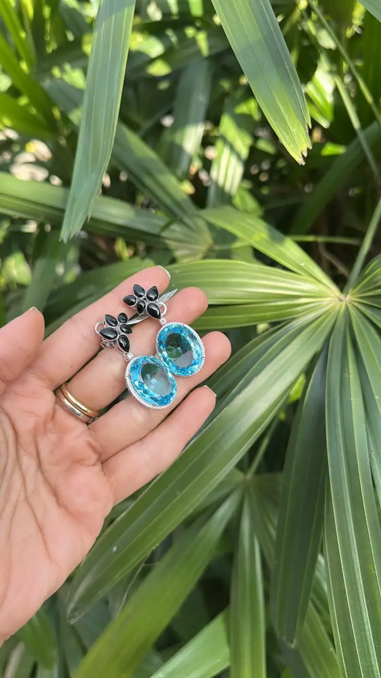 52.67 Ct. Blue Topaz & Black Onyx Gemstone Dangle Earrings - 18k White Gold Diamond Earrings