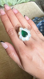 Natural Zambian Emerald & Mother of Pearl Cocktail Ring - 18k Yellow Gold Diamond Wedding Ring