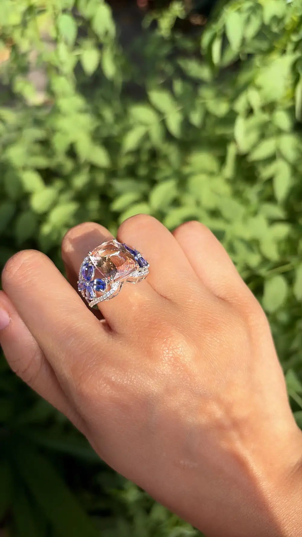 18k White Gold Diamond Ring - Natural Morganite & Tanzanite Gemstone Cocktail Ring