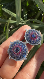18k Gold Diamond Stud Earrings - Natural Ruby, Amethyst & Blue Sapphire Stud Earrings