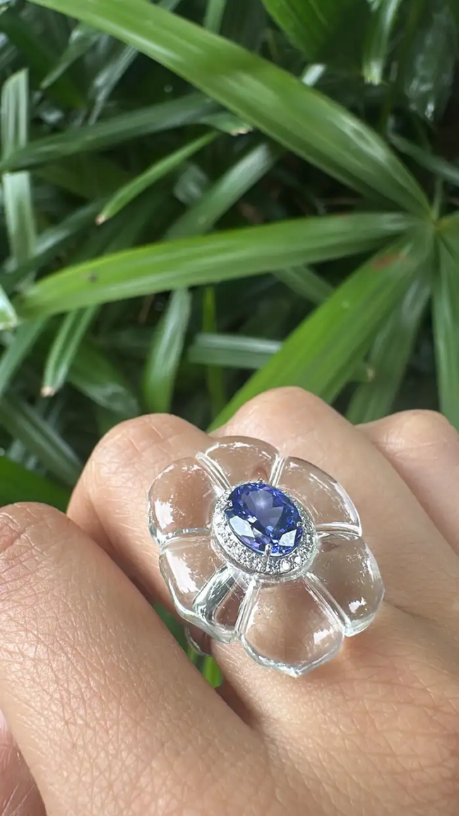 18k White Gold Diamond Cocktail Ring - Natural Tanzanite & Crystal Ring Main Image