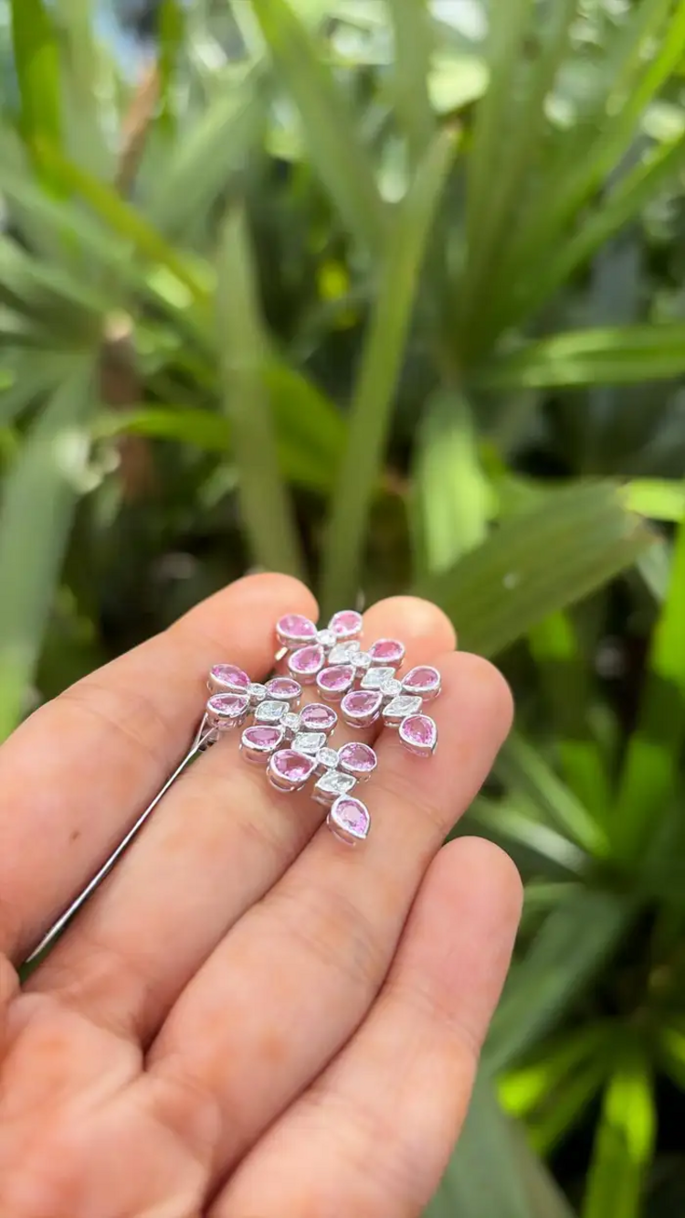 18k White Gold Diamond Dangle Earrings - Natural Pink Sapphire Earrings