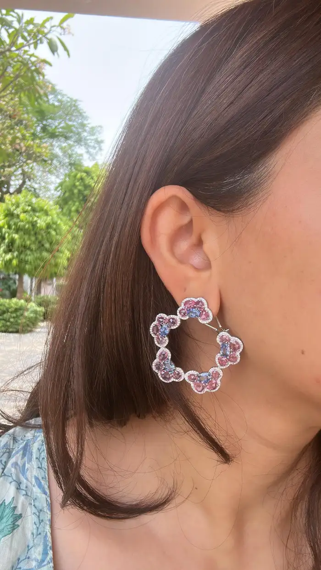 Natural Ceylon Blue & Pink Sapphire Gemstone Hoop Earrings - 18k White Gold Diamond Women Earrings Main Image