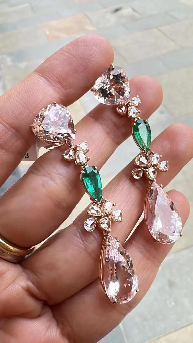 18k Rose Gold Rose Cut Diamond Dangle Earrings - Natural Zambian Emerald & Morganite Earrings