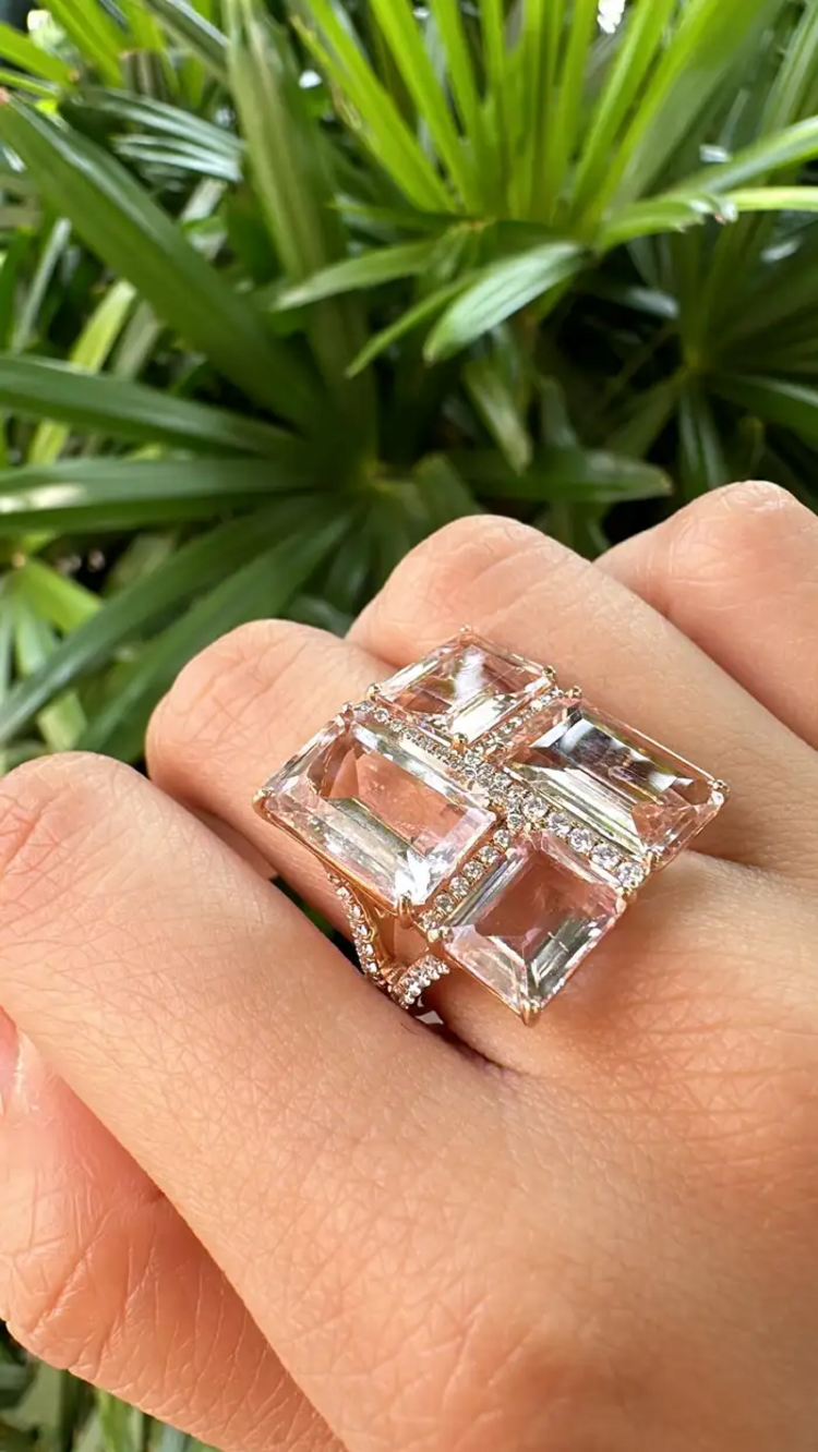 Natural Morganite Gemstone Cocktail Ring - 18k Rose Gold Diamond Ring
