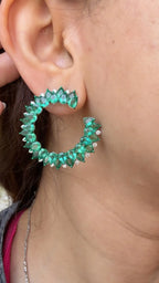 Natural Zambian Emerald Gemstone Hoop Earrings - 18k White Gold Diamond Handmade Hoop Earrings