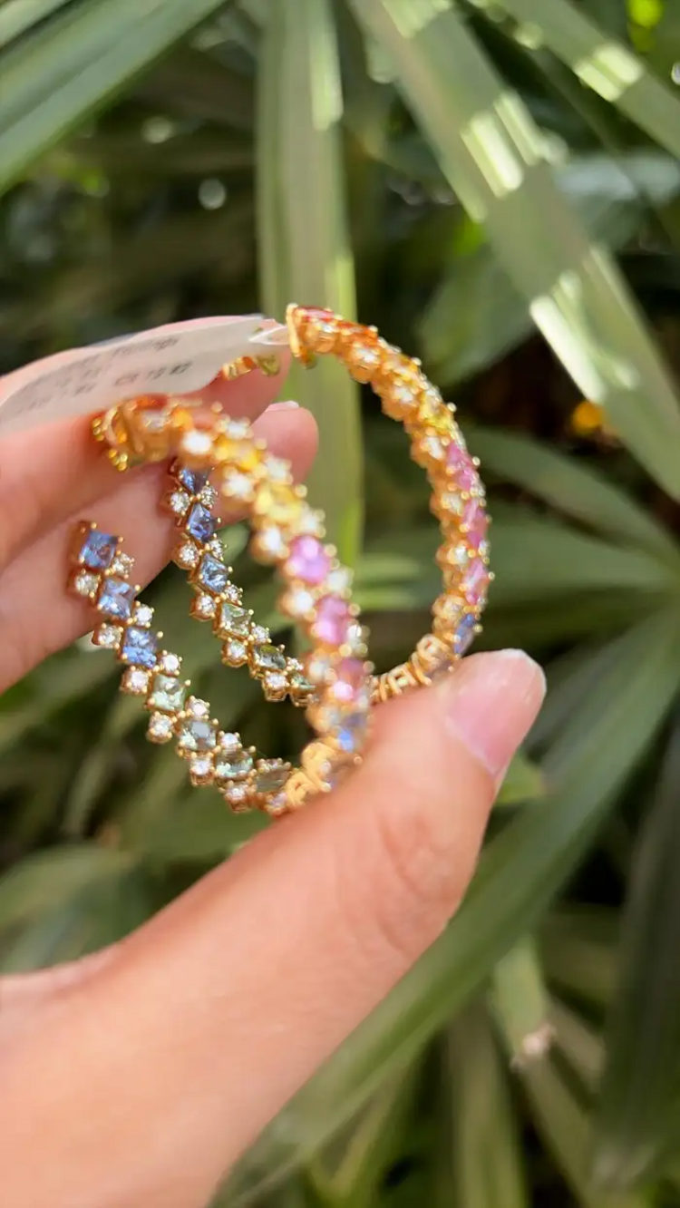 Natural Multi Sapphire & Diamond Hoop Earrings - 18k Yellow Gold Hoop Earrings