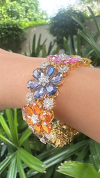 18k Yellow Gold Floral Bracelet - Natural Multi Sapphire & Rose Cut Diamond Modern Bracelet