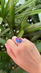 Natural Rubellite & Blue Enamel Ring - 18k White Gold Diamond Handmade Dome Ring