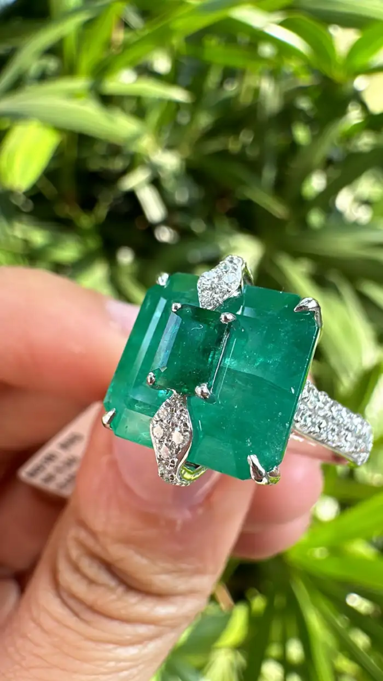 Natural Zambian Emerald Diamond Ring - 18k White Gold Handmade Ring - Gold Diamond Women Ring Gift