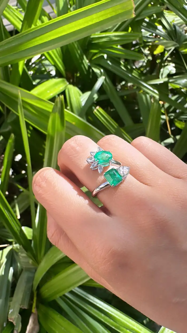 18k White Gold Ring - Natural Zambian Emerald Wrap Ring - Rose Cut Diamond Cuff Ring