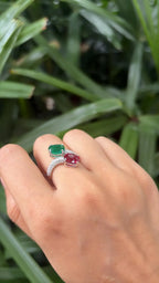 Natural Rubellite & Zambian Emerald Gemstone Ring - 18k White Gold Diamond Toi et Moi Ring