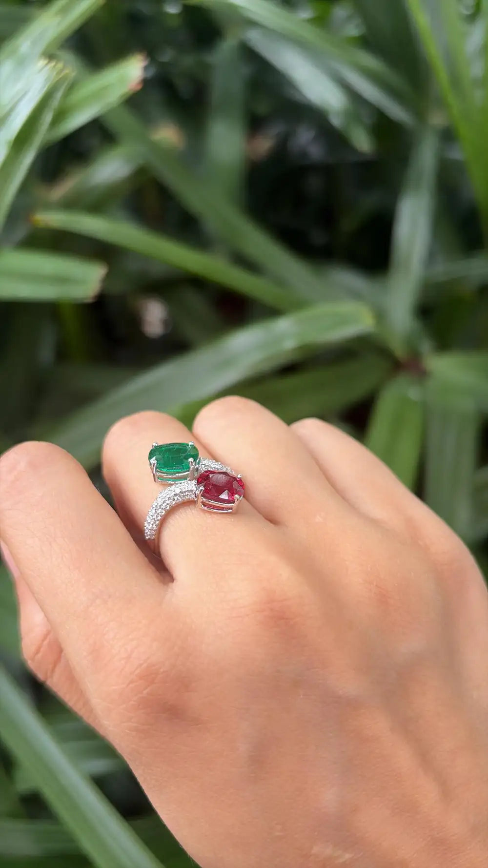 Natural Rubellite & Zambian Emerald Gemstone Ring - 18k White Gold Diamond Toi et Moi Ring