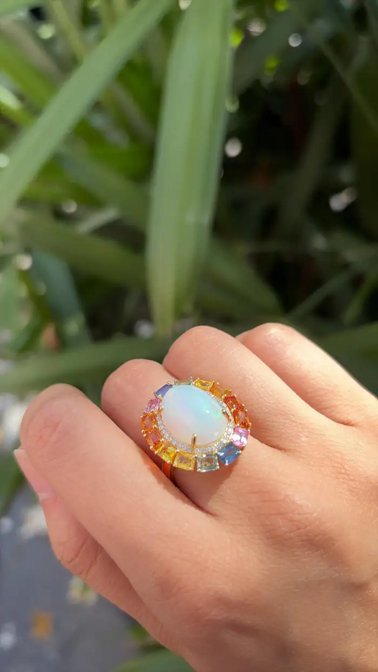 18k Yellow Gold Diamond Ring - Natural Multi Sapphire & Ethiopian Opal Wedding Ring