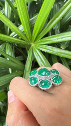 18k White Gold Diamond Statement Ring - Natural Cabochon Emerald Gemstone Ring