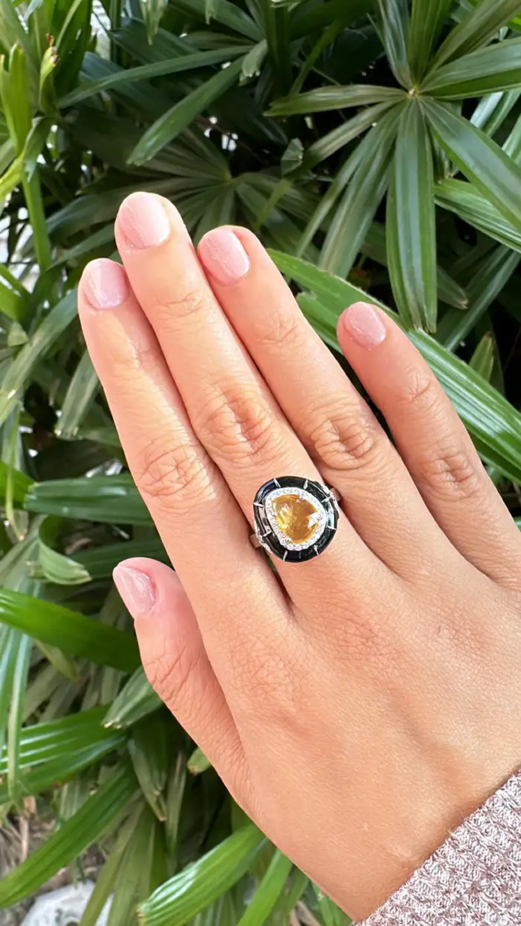 Ceylon Yellow Sapphire & Black Enamel Tiny Ring - 18k White Gold, Diamond Handmade Ring
