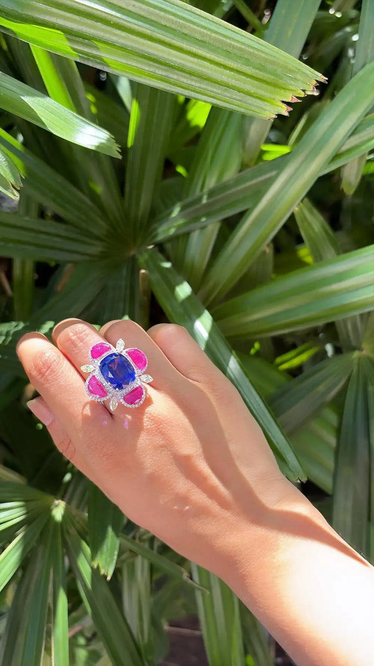 18k White Gold Diamond Cocktail Ring - Natural Tanzanite & Mozambique Ruby Handmade Ring