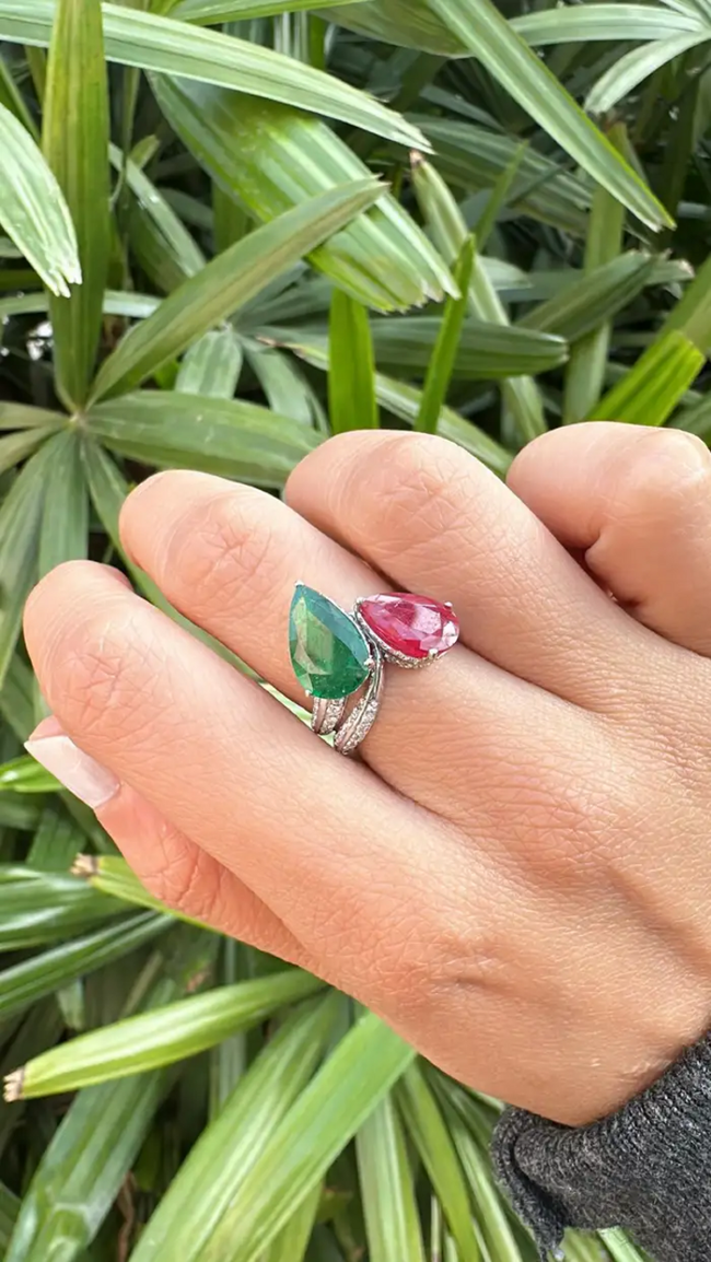 Natural Pear Shape Zambian Emerald & Mozambique Ruby Wedding Ring - 18k White Gold Diamond Ring Main Image