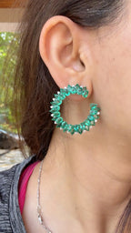 Natural Zambian Emerald Gemstone Hoop Earrings - 18k White Gold Diamond Handmade Hoop Earrings