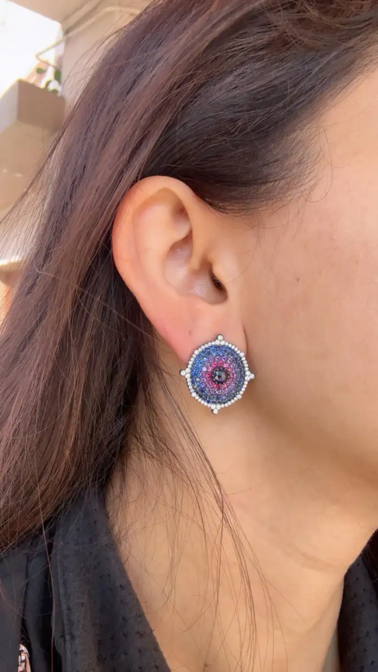 18k Gold Diamond Stud Earrings - Natural Ruby, Amethyst & Blue Sapphire Stud Earrings