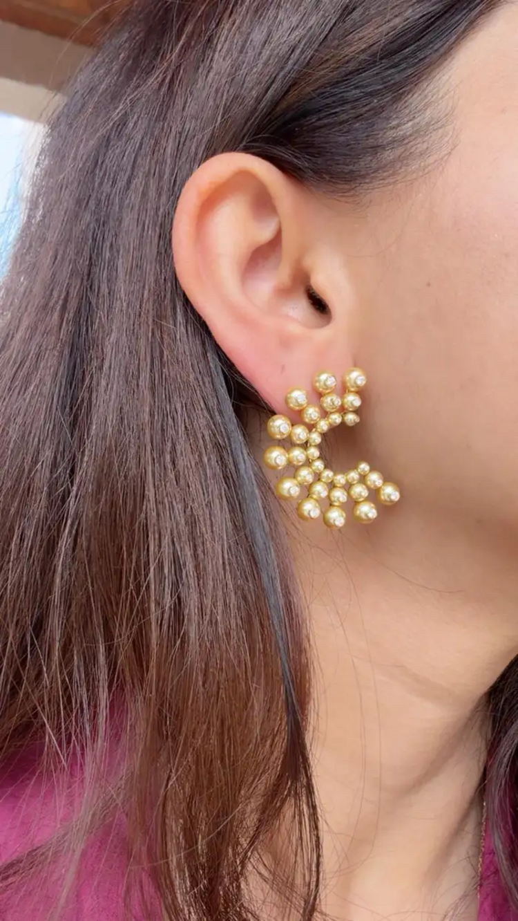 Golden Pearls Hoop Earrings - 18k Yellow Gold Diamond Handmade Earrings