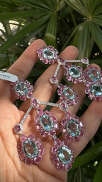 Natural Aquamarine & Pink Sapphire Dangle Earrings - 18k White Gold Diamond Chandelier Earrings