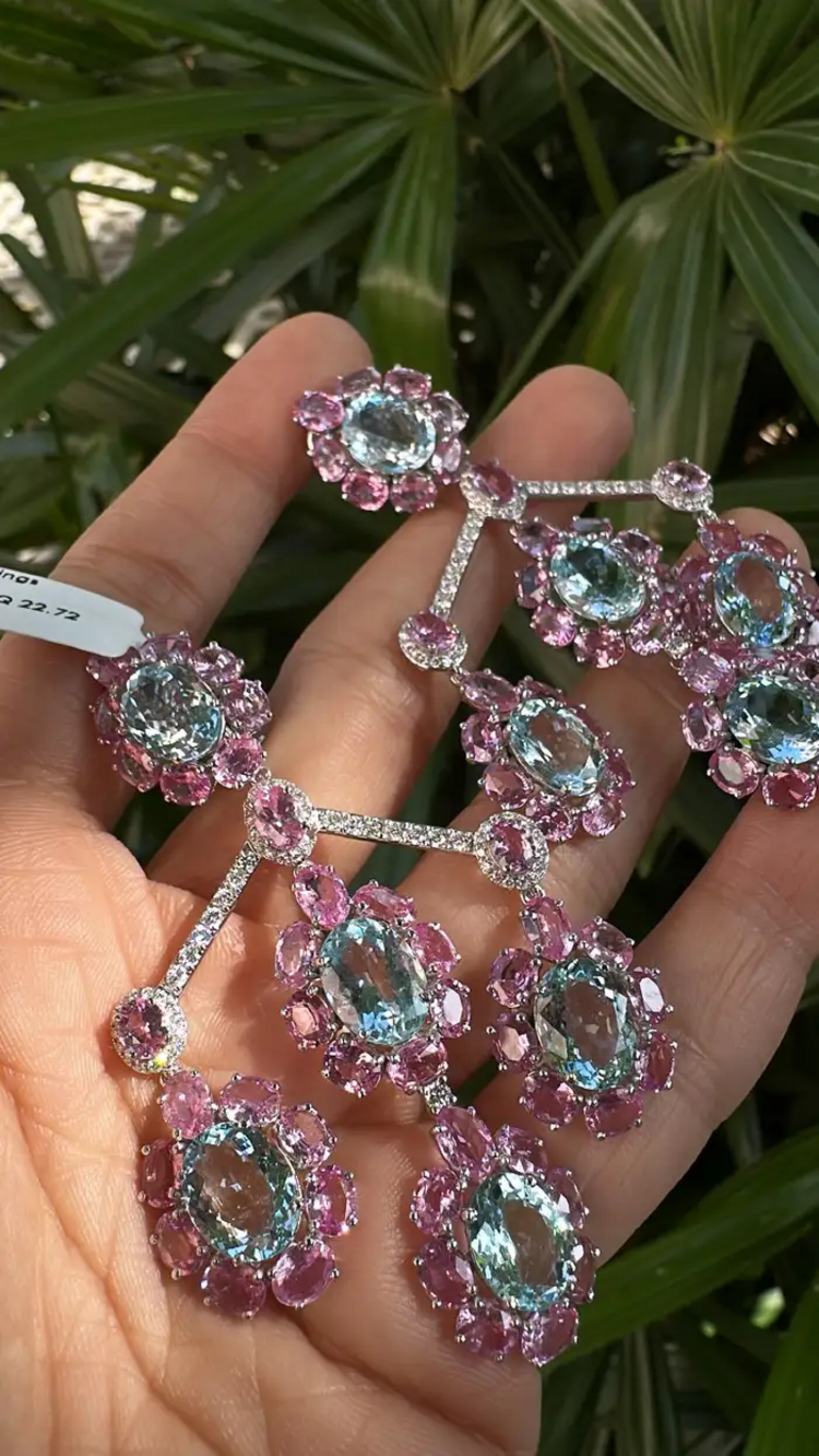 Natural Aquamarine & Pink Sapphire Dangle Earrings - 18k White Gold Diamond Chandelier Earrings