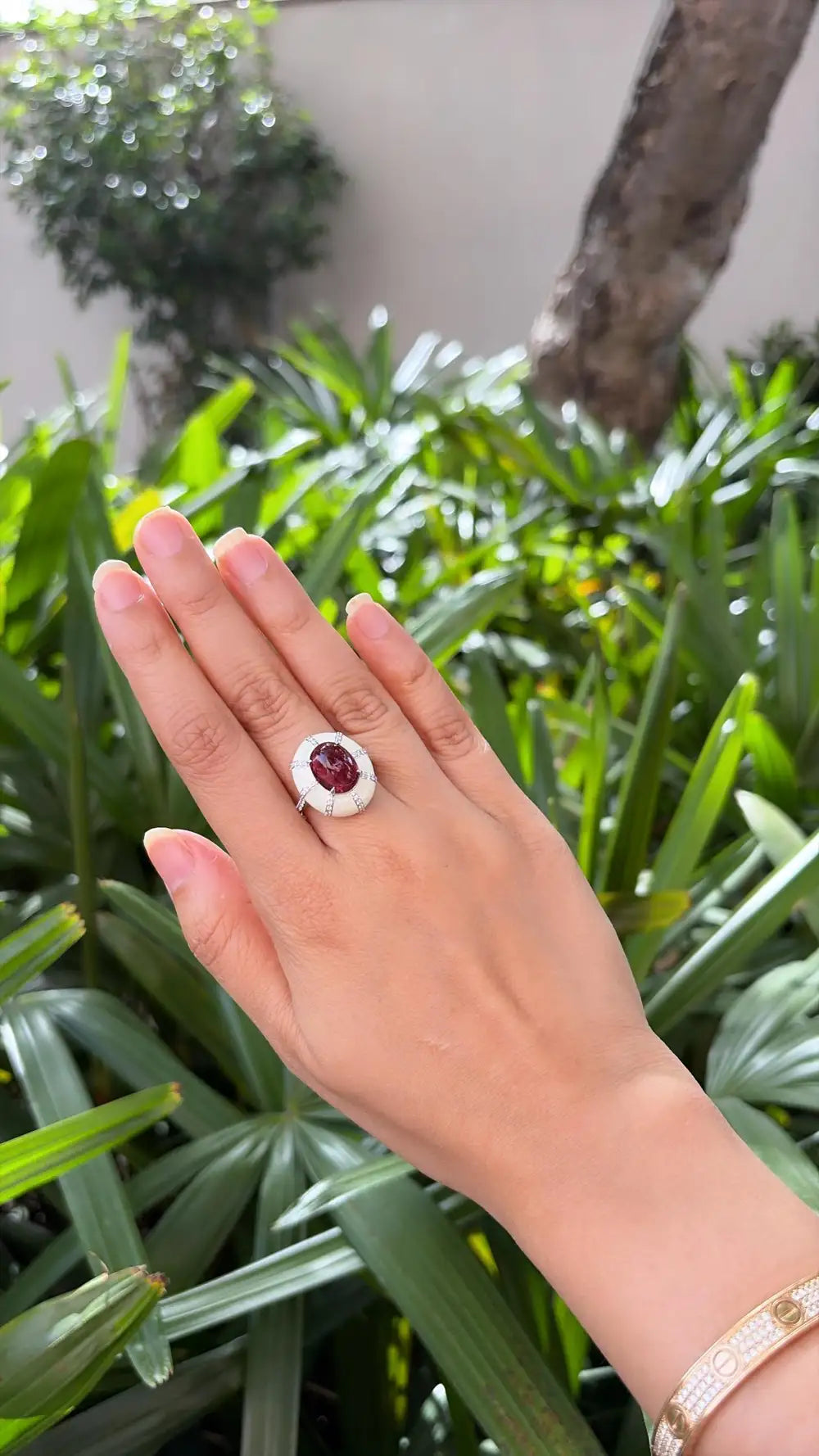 4.32 Ct. Rubellite & White Enamel Cocktail Dome Ring - 18k White Gold Diamond Ring