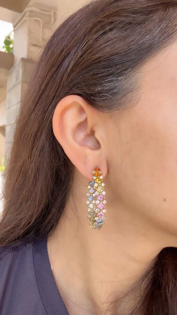 Natural Multi Sapphire & Diamond Hoop Earrings - 18k Yellow Gold Hoop Earrings