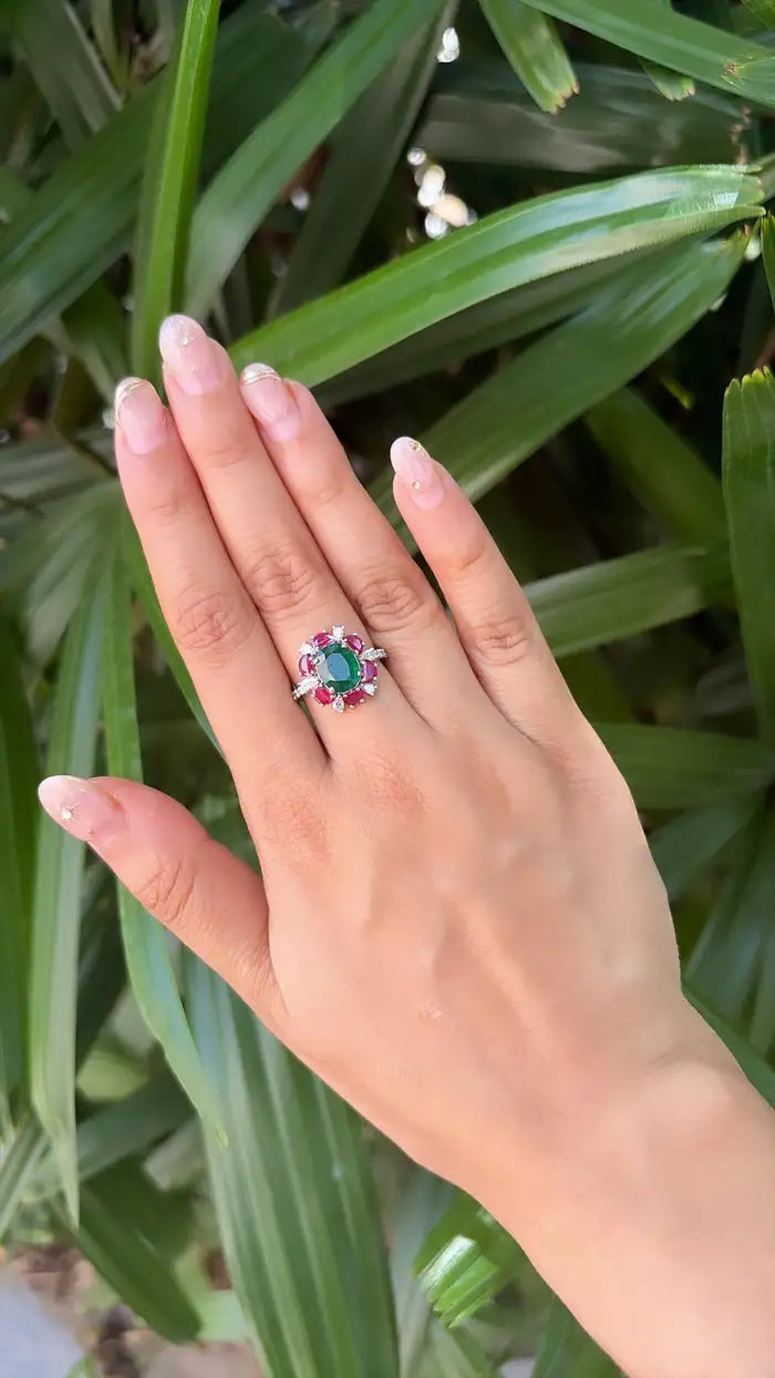 Natural Mozambique Ruby & Zambian Emerald Cocktail Ring - 18k White Gold Diamond Ring