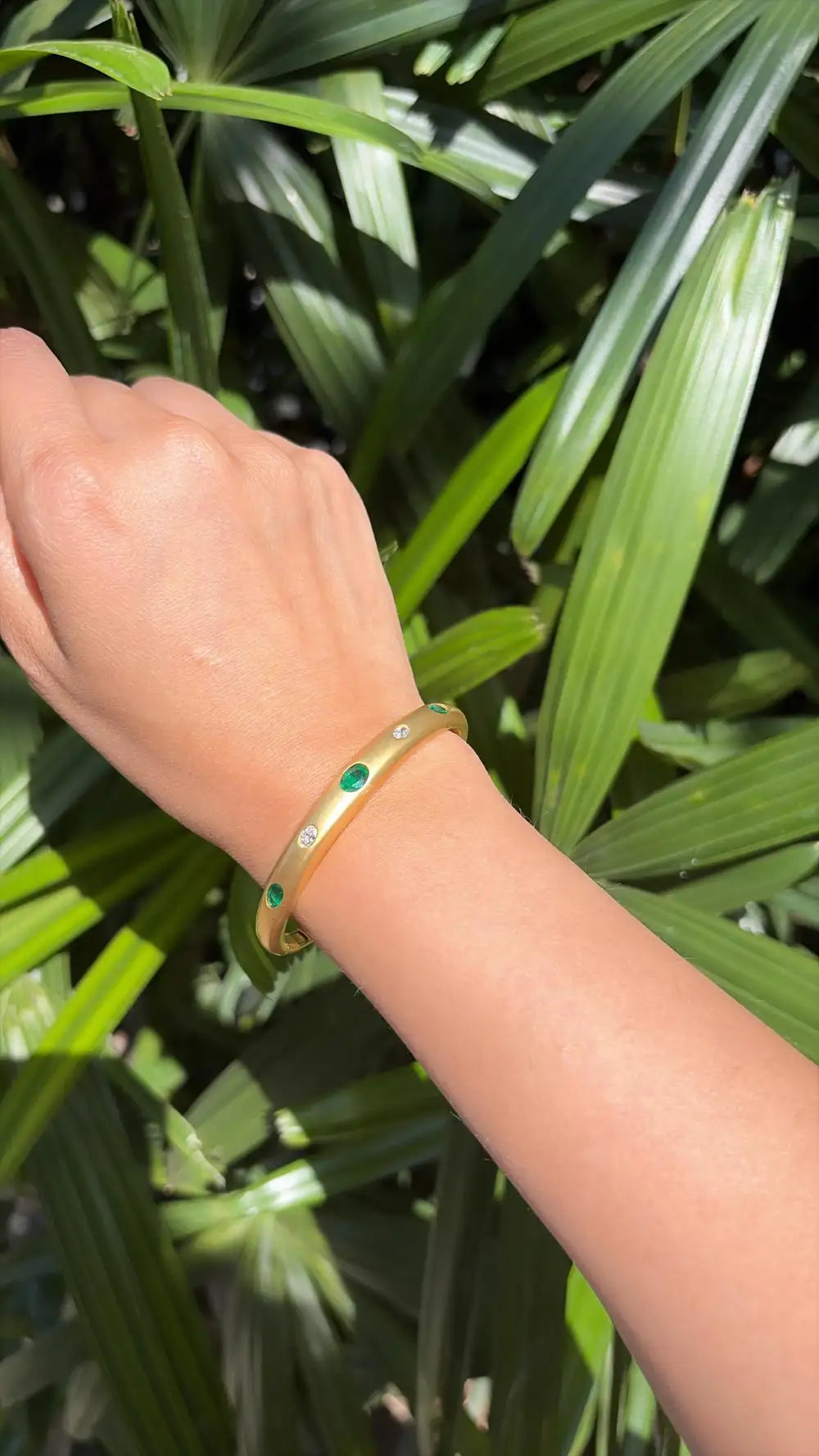 18k Yellow Matte Gold Bangle - Natural Emerald & Diamond Bangle