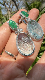 Natural Zambian Emerald & Aquamarine Gemstone Dangle Earrings - 18k White Gold Rose Cut Diamond Earrings