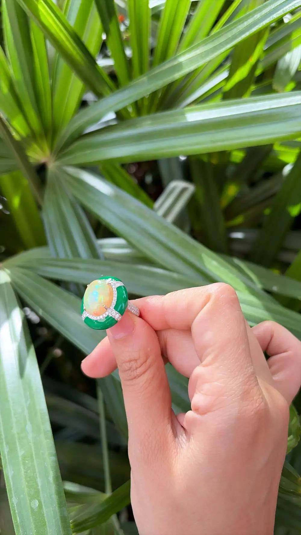 Natural Ethiopian Opal & Green Enamel Cocktail Ring - 18k White Gold Diamond Ring