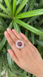 18k Yellow Gold Diamond Ring - Natural Tourmaline, Pink Opal & Black Onyx Cocktail Ring