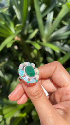 18k White Gold Diamond Ring - Natural Zambian Emerald & Ethiopian Opal Cocktail Ring