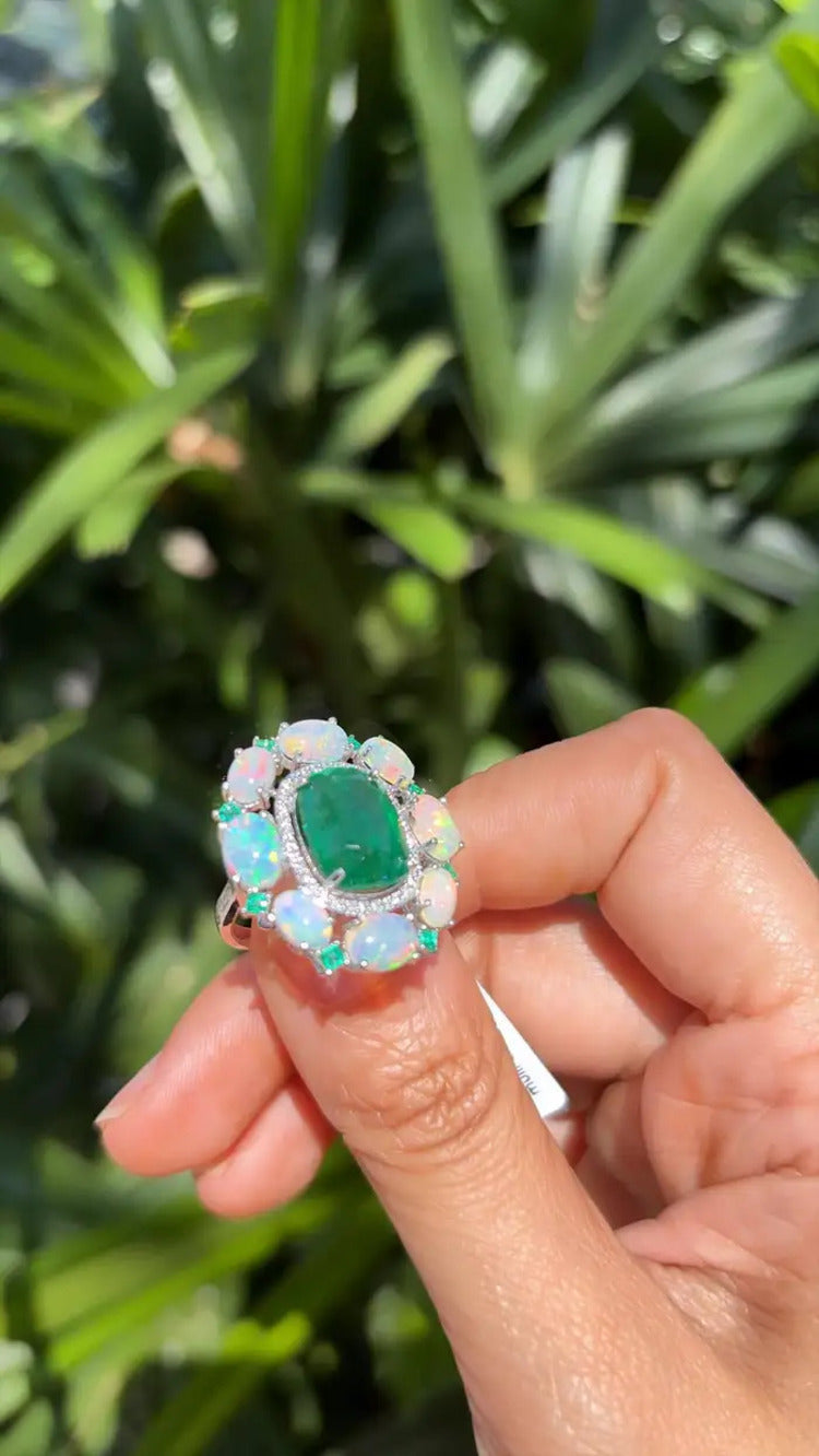 18k White Gold Diamond Ring - Natural Zambian Emerald & Ethiopian Opal Cocktail Ring