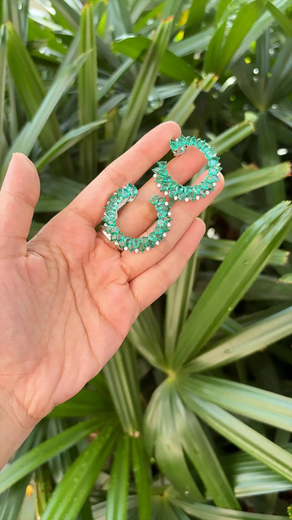 Natural Zambian Emerald Gemstone Hoop Earrings - 18k White Gold Diamond Handmade Hoop Earrings