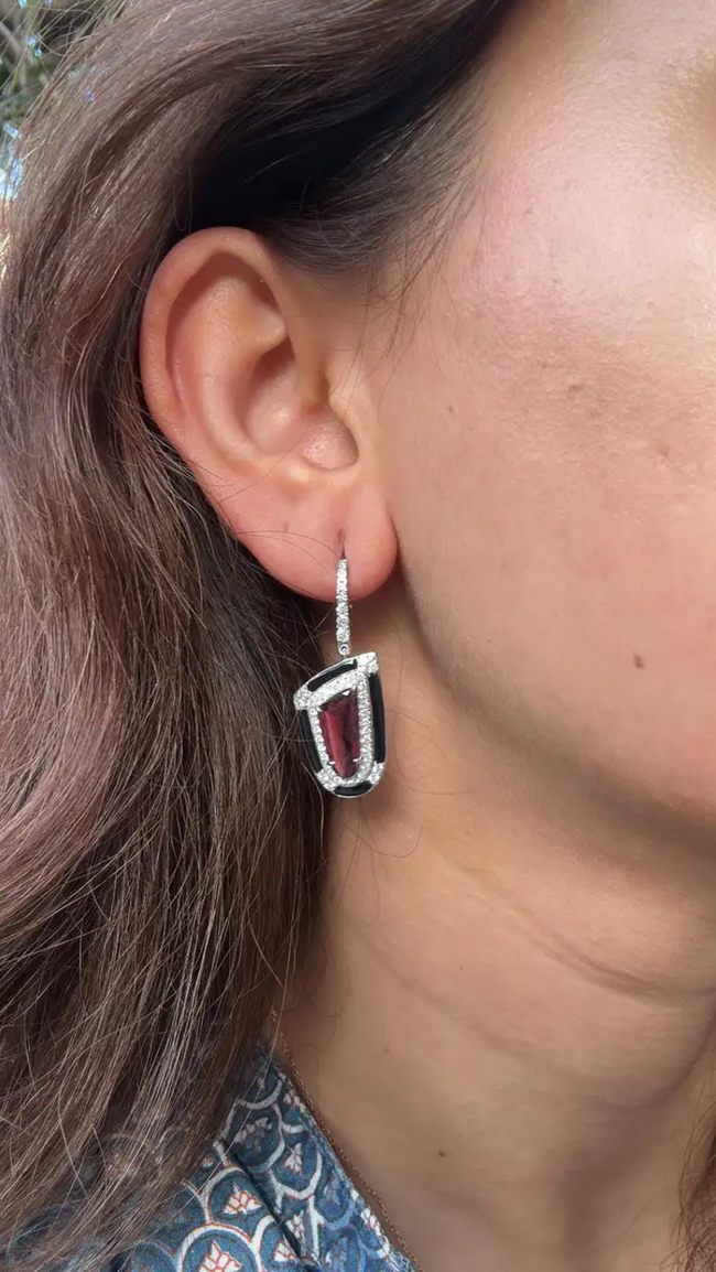 Natural Tourmaline & Black Enamel Earrings - 18k White Gold Diamond Dangle Earrings Main Image