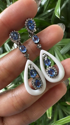 18k White Gold Diamond Dangle Earrings - Natural Blue Sapphire & Onyx Earrings
