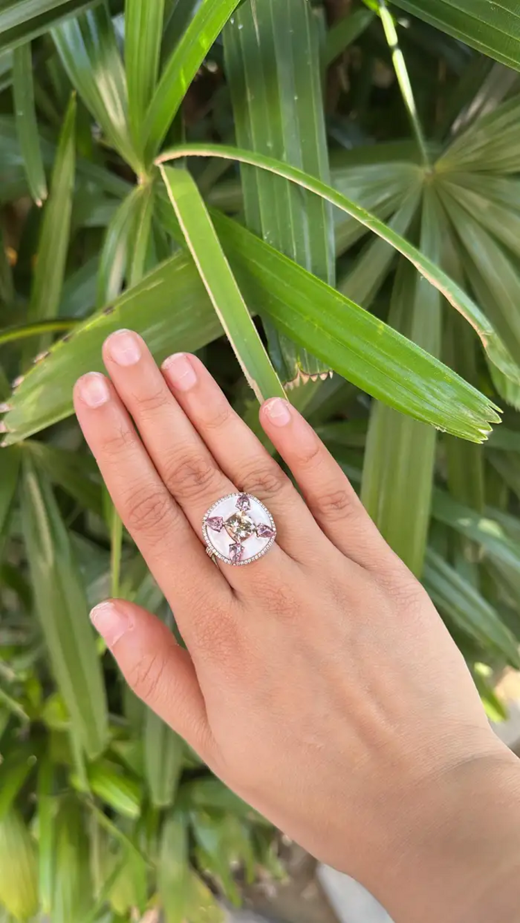 Natural Morganite & Pink Sapphire Cocktail Ring - 18k Rose Gold Diamond Handmade Ring