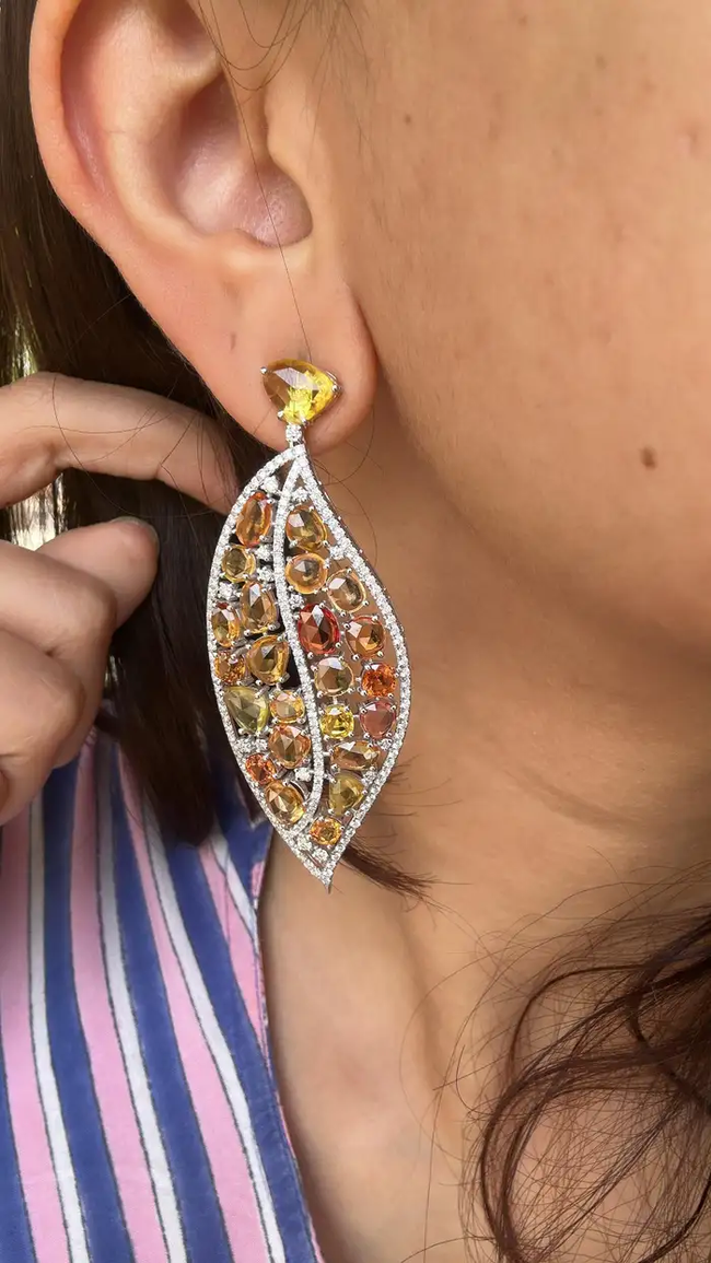 18k White Gold Diamond Dangle Earrings - Natural Yellow Sapphire Gemstone Women Earrings Main Image
