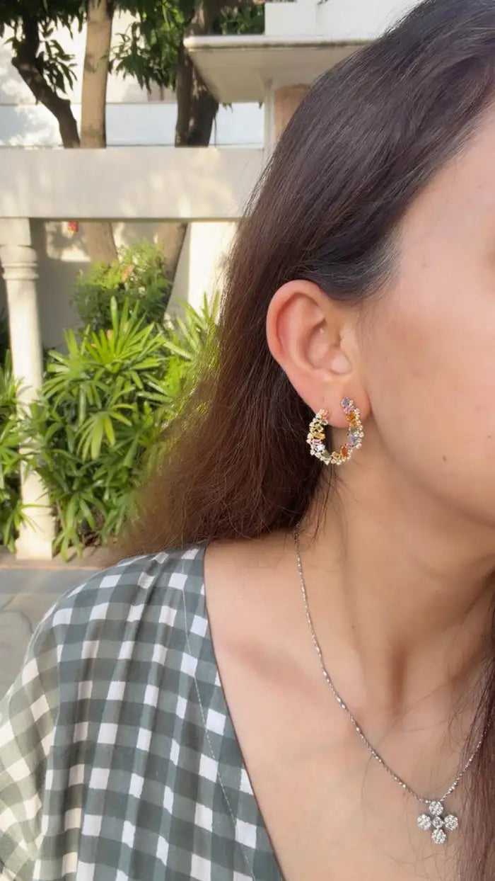 Natural Multi Sapphire & Diamond Hoop Earrings - 18k Yellow Gold Handmade Earrings